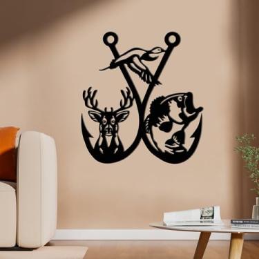 Imagem de Xedatric Arte de parede de metal rústica para decoração de caça - Decoração de metal combinada de veados, peixes e pássaros para cabana, pousada, sala de estar, quarto, banheiro (59,9 x 55 cm)