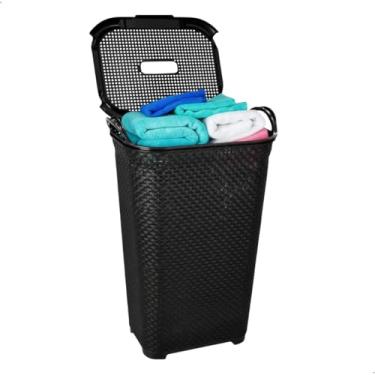 Imagem de Cesto Multiuso Rattan 50L com Tampa e Alça – Ideal para Lavanderia, Quarto ou Banheiro (Preto)