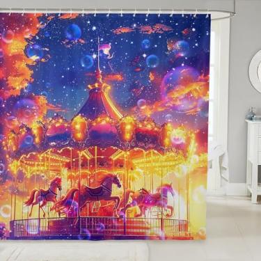 Imagem de Erosebridal Cortinas de banheiro carrossel de desenho animado 183 cm L x 182 C fantasia unicórnio conjunto de cortina de chuveiro infantil engraçado cavalos bolha cortina de chuveiro sonhador dourado