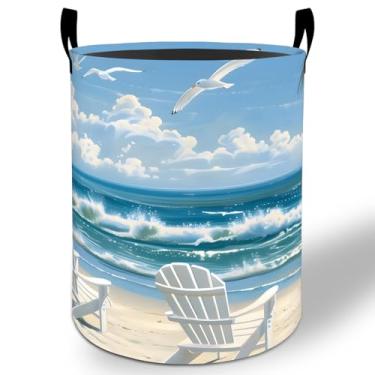 Imagem de Cesto de lavanderia de praia 50 x 40 cm, balde de armazenamento de roupas Oxford dobrável à prova d'água para quarto, banheiro, quarto, berçário, organizador de brinquedos, presentes para crianças