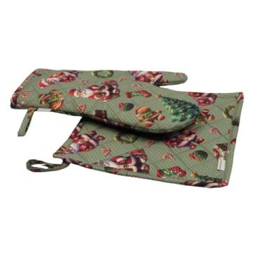 Imagem de Kit Luva Térmica e Pegador de Panela Natal 100% Algodão Verde Papai Noel