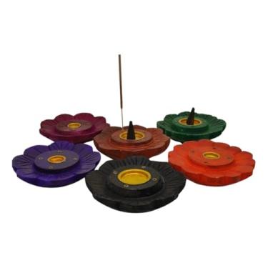 Imagem de Incensário Porta Incenso Madeira Artesanal Colorido Flor 6un