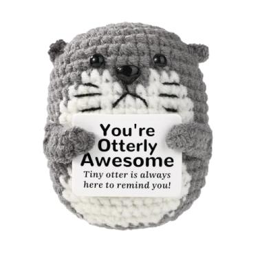 Imagem de Crochê de lontra marinha positiva, suporte de boneca emocional, mini animal de crochê com cartão de mensagem positiva para decoração de painel de carro para presente de escritório em casa (cinza)