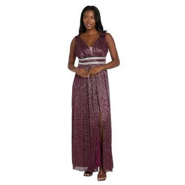 Imagem de R&M Richards Vestido maxi plissado feminino com decote em V ilusão, cintura embelezada e fenda frontal - vestido de festa e coquetel, Merlot, 48