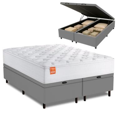 Imagem de Cama Box Baú Colchão Casal King Molas Ensacadas Real 193x203x68cm Branco / Cinza Inducol