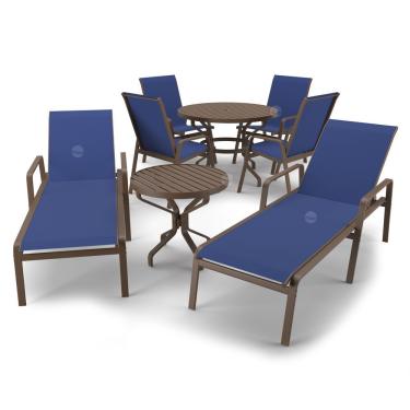 Imagem de Kit Espreguiçadeira Cadeira Mesa Alumínio Marrom Tela Azul