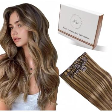 Imagem de Hetto Extensões De Cabelo Clip In, Mechas Castanhas Naturais, Loiro Caramelo, 55 Cm, Remy #4/27, 7 Peças, 120 G