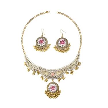 Imagem de Boho Rose Flower Bead Indian Jhunka Conjunto de joias para mulheres CZ bola floral borla pingente gancho declaração brincos corrente ajustável babador colar gargantilha colar oxidado tradicional
