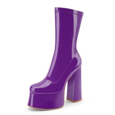 Imagem de Perisis Bota feminina de cano curto com plataforma GoGo, salto alto, redondo, com zíper, de couro, cano médio, para festa rave, Patente roxo, 37
