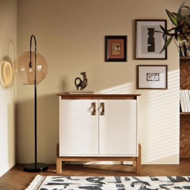 Imagem de Aparador Bancada Hall de Entrada Sala Decoração Buffet Balcão Jantar Armário Cozinha Cantinho do Café 2 Portas com Puxador em Couro Pés Madeira Maciça Retrô Sonetto - Offwhite/Freijó