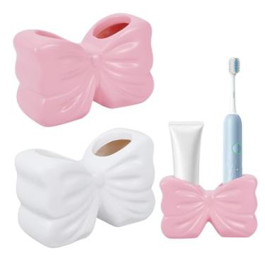 Imagem de NBEADS Suporte de escova de dentes com laço de 2 cores, armazenamento de bancada de banheiro de resina, 2 compartimentos, suporte de escova de dente com laço para quarto, banheiro, acessórios de