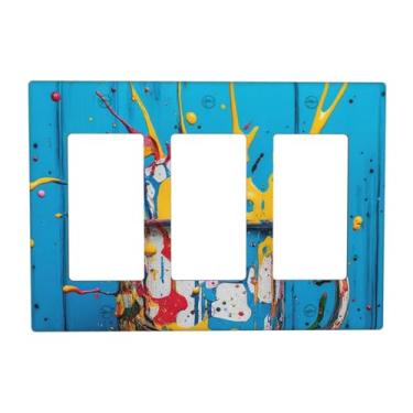 Imagem de LuHuoLu Capas de tomada decorativas, respingos de tinta colorida, prancha de madeira azul, placa de parede de 3 gangs, placa de cobertura de interruptor de luz tripla para interruptor de luz jumbo