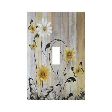 Imagem de Capa decorativa para interruptor de luz rústica amarela branca margarida preta borboleta girassol grão de madeira 1 gangue interruptor único decorador dispositivo placa de parede placa elétrica para