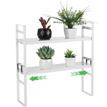 Imagem de Prateleira de janela expansível para plantas, rack de armazenamento de metal ajustável de 2 camadas, organizador fino de pia de cozinha, suporte de armazenamento de bancada estreito, acabamento branco