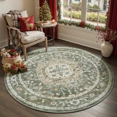Imagem de PADOOR - Tapete redondo vintage de 1,8 m para sala de estar - Tapete circular verde-oliva macio - Tapetes laváveis na máquina para quarto - Tapete antiderrapante para sala de jantar, sala de estar