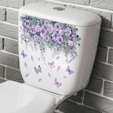 Imagem de Decalques de vaso sanitário à prova d'água - design floral botânico com rosas roxas e borboletas, adesivos de vinil removíveis autoadesivos para decoração de banheiro, atualização de casa de aluguel