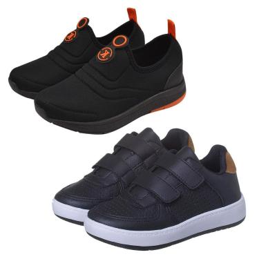 Imagem de Kit 2 Pares Tênis Infantil Menino Casual Preto e Calce Facil Preto com Laranja Kidstep-Masculino