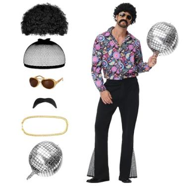 Imagem de TobWeaL Roupas de discoteca masculinas dos anos 70 – Conjunto retrô de calça e camisa com acessórios dos anos 70 para festa temática de Halloween, Círculos roxos, M