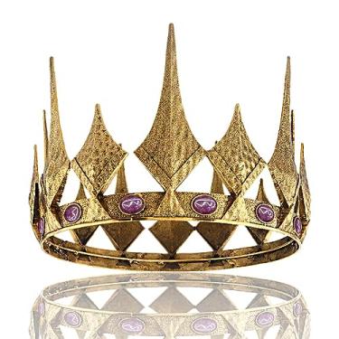 Imagem de Queen King Opala Coroa Redonda Real para Baile de Formatura Festa de Aniversário Fantasia de Dia dos Namorados (tamanho pequeno 16 cm de diâmetro, ouro escuro com pedra roxa)