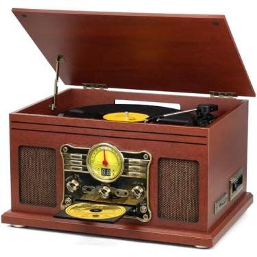 Imagem de Toca-discos Bluetooth tudo em um toca-discos de 3 velocidades para gravação de vinil com alto-falantes, conversor de vinil LP para MP3 com CD, leitor de cassete, rádio FM, streaming de música sem fio