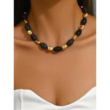 Imagem de Gargantilha feminina cinza claro com contas de pedra de resina - corrente de clavícula curta - colar de temperamento distinto - presente simples e versátil