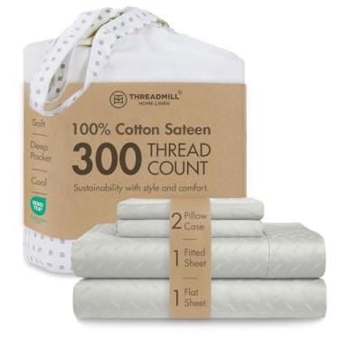 Imagem de Threadmill Jogo de lençol Queen de algodão | 100% algodão para cama queen size | Jogo de cama queen damasco jacquard com bolso profundo de 40,6 cm | Conjunto de cama refrescante de 4 peças de cetim