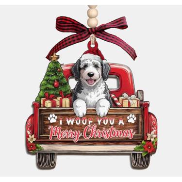 Imagem de Enfeite de madeira "I Woof You A Merry Christmas" – Caminhão de Natal com cão Sheepadoodle 3 camadas, enfeite de lembrança de madeira, presentes para mulheres, homens, amantes de animais de estimação