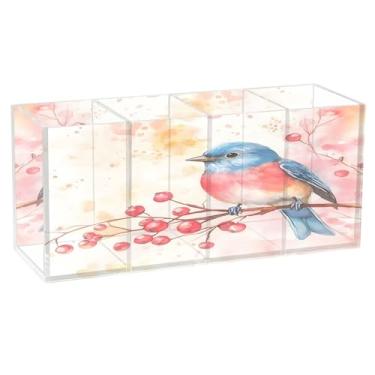Imagem de SEHANY Lindo porta-canetas de acrílico com flores em aquarela, pássaro, 4 compartimentos, porta-lápis transparente, organizador de pincéis de maquiagem, organizador de papelaria para escritório, casa