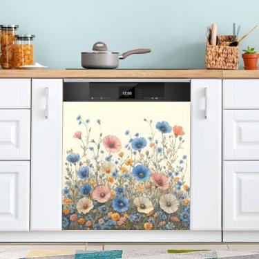 Imagem de ATTX Capa de ímã de lava-louças flores pastel, 58 cm C x 66 cm A decoração da capa frontal da máquina de lavar louça, decalques de armário doméstico adesivos de eletrodomésticos #195