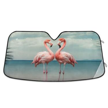 Imagem de ATTX Para-brisa de carro flamingos rosa tropical 144.8 cm x 80.0 cm escudo solar universal com proteção UV, persiana de janela frontal automática dobrável para caminhões Sedans SUVs #872