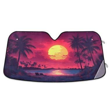 Imagem de ATTX Palmeiras do pôr do sol pára-brisas para carro 134.6 cm x 59.7 cm escudo solar universal com proteção UV, persiana de janela frontal automática dobrável para caminhões Sedans SUVs #458