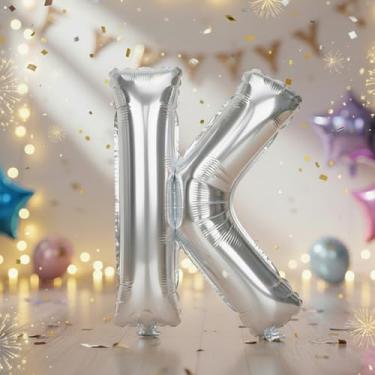 Imagem de Balões grandes de letras prateadas K de 81 cm, balões Mylar Klphabet preenchidos com hélio para festas de aniversário e decorações comemorativas, suprimentos de decoração de festa de prata grande