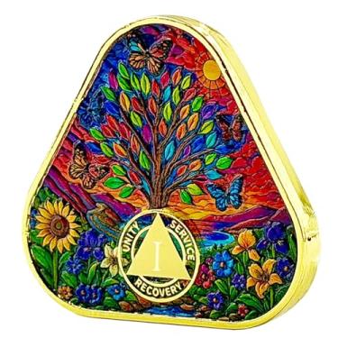 Imagem de Medalhão AA Árvore da Vida Serenidade Oração Sobriedade Moeda com Borboletas Unity Service Recovery Triângulo Chip Presentes Inspiradores para Marcos de Recuperação (Árvore vibrante triangular, 1 ano)