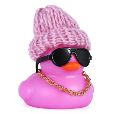 Imagem de BOZILY Pato de borracha roxa DIY com chapéu de malha, óculos de sol e colar dourado - decorações de painel de carro, decoração de alívio de estresse para veículos, casa, escritório - acessório Lucky