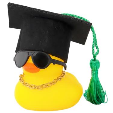 Imagem de wonuu Decoração de painel de carro chapéu de formatura pato de borracha, ornamentos de patos de carro com mini chapéu, colar, óculos de sol, cachecol (verde)