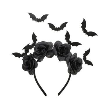 Imagem de Tiara De Bruxa De Halloween Com Flores Pretas E Clipe De Morcego Gótic
