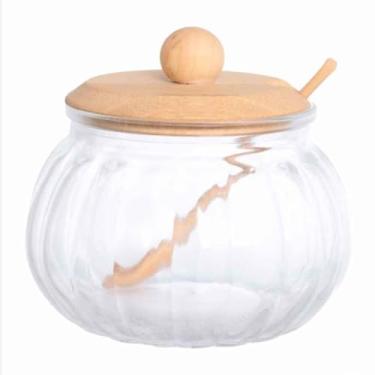 Imagem de Açucareiro ou Saleiro de Vidro 230ml com Tampa de Bambu Colher Plástico Estilo Minimalista para sua Cozinha Condimentos