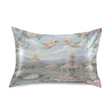 Imagem de SEHANY Lindas capas de almofada de seda Angel Cupid para cabelo e pele, capas de almofada de cetim respiráveis macias e refrescantes com fecho de envelope, tamanho king (50,8 x 66 cm)