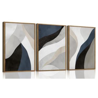 Imagem de KISSFOX Arte de parede emoldurada de 3 peças, decoração de parede abstrata, preto, azul marinho, imagens modernas, minimalistas, pinturas neutras grandes, obras de arte para sala de estar, quarto