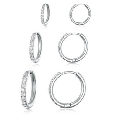 Imagem de Gemsme Brincos de argola de aço inoxidável cirúrgico 316L, banhado a ouro 18 K, conjunto hipoalergênico de zircônia cúbica para mulheres e homens, Aço inoxidável, Zircônia cúbica