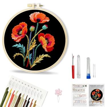 Imagem de Huacan Kit de bordado para iniciantes, kits de padrões pré-estampados de flores para adultos com aro, bordado de linha colorida fácil de seguir
