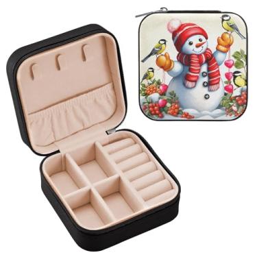 Imagem de Wassud Estojo de joias de viagem com bonecos de neve com pássaros, para mulheres, meninas, senhoras, noiva, mini organizador de joias de couro PU, caixa quadrada de armazenamento de joias para brincos