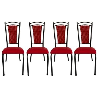 Imagem de Kit 4 Cadeira Paris De Cozinha Tubular Preto Aço Estofada Encosto Junco Vermelho
