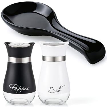 Imagem de Patelai Conjunto de 3 peças de bancada de cozinha, saleiro e pimenteiro com descanso de colher de cerâmica, acessórios rústicos para cozinha, cozinha, servir, jantar, churrasco, decoração (cor