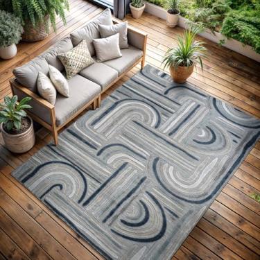 Imagem de CAMILSON Tapete para ambientes internos e externos, azul 20 x 25 cm, tapete listrado geométrico para pátio e áreas de casa, sala de estar, jardim e deck lavável tapete externo (20 x 25)