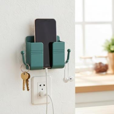 Imagem de Suporte de parede para celular, suporte de carregamento autoadesivo de parede com ganchos, suporte de armazenamento impermeável multiuso para quarto, cozinha, banheiro, escritório (verde escuro)