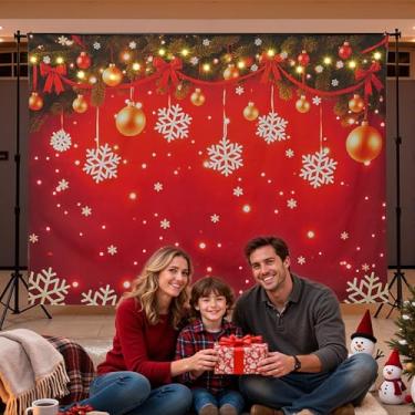 Imagem de Pano de fundo de Natal de LED - Fundo de foto com tema de férias vermelho com luzes embutidas - Perfeito para decorações festivas e fotografias de férias