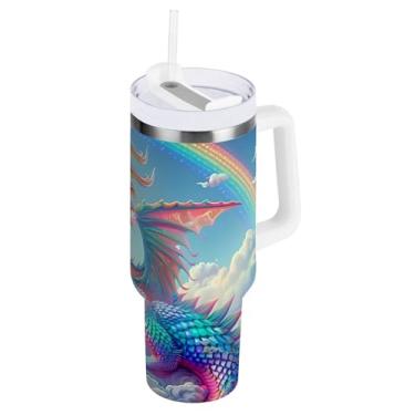 Imagem de Copo grande à prova de vazamento, copo isolado de aço com nuvens de dragão arco-íris com tampa e canudo
