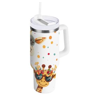 Imagem de ODAWA Copos isolados engraçados girafas de 850 g com alça e tampa de palha, copos com isolamento duplo com tampa 2 em 1