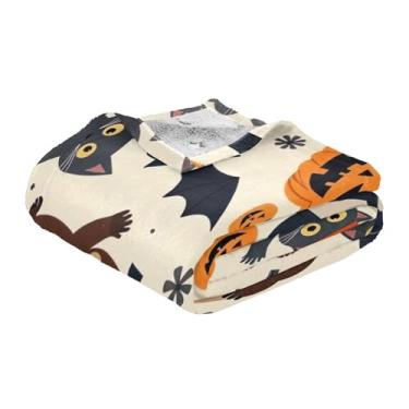 Imagem de ODAWA Cobertor de Halloween Gatos Abóboras Branco Embalável Leve Cobertor de Viagem, Cobertor para Sofá-Cama Sala de Estar 139 x 187 cm